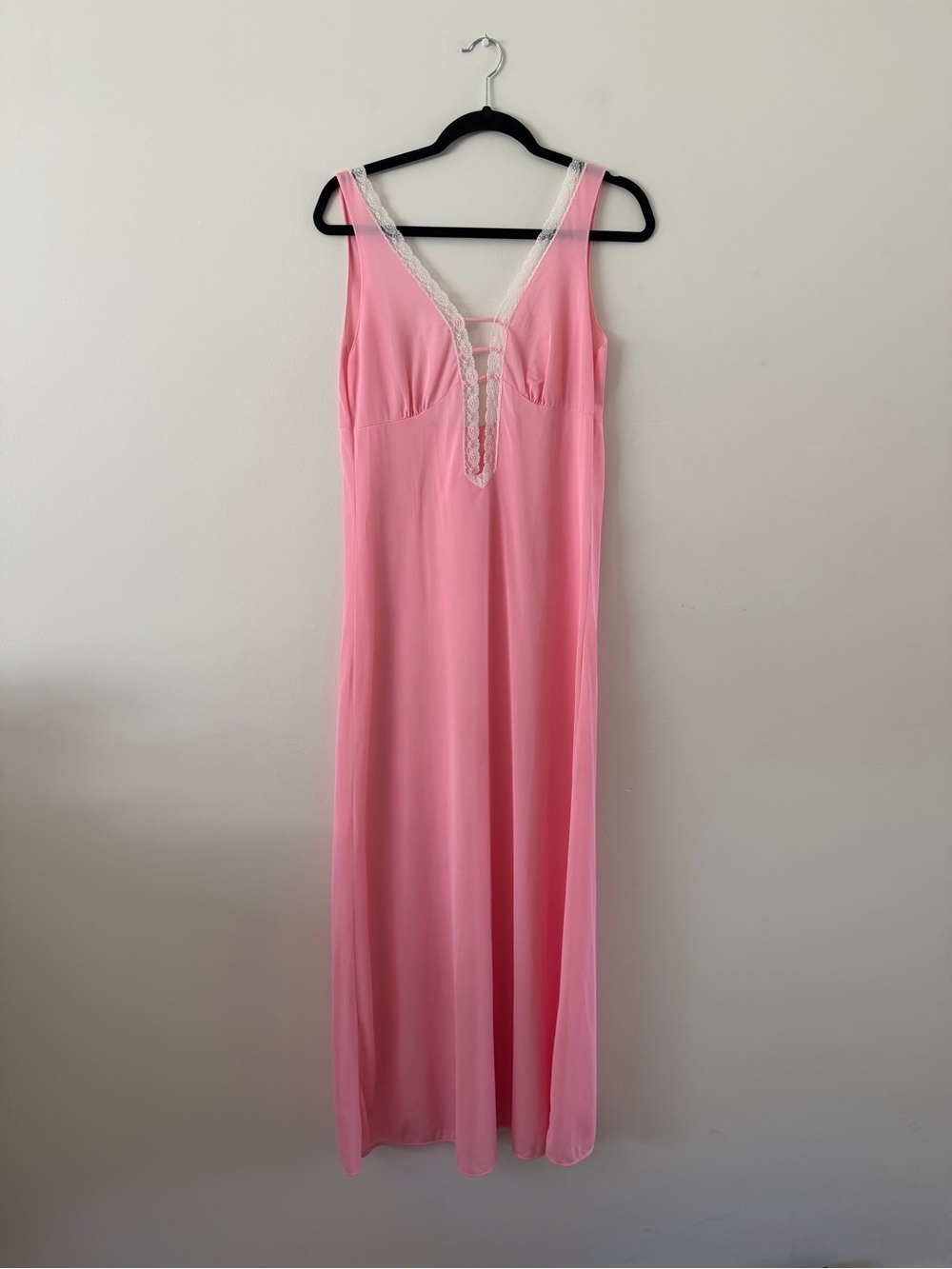 70s 80s Vintage JCPenny Pink Lacy Long Chemise Slip Union Made Dress Coquette M